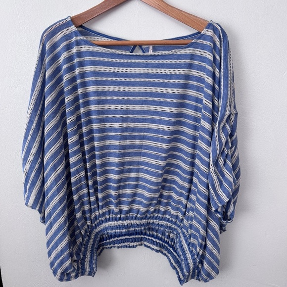 Free People Azalea blue striped linen blend elastic waist blouse Size Small - Picture 2 of 9